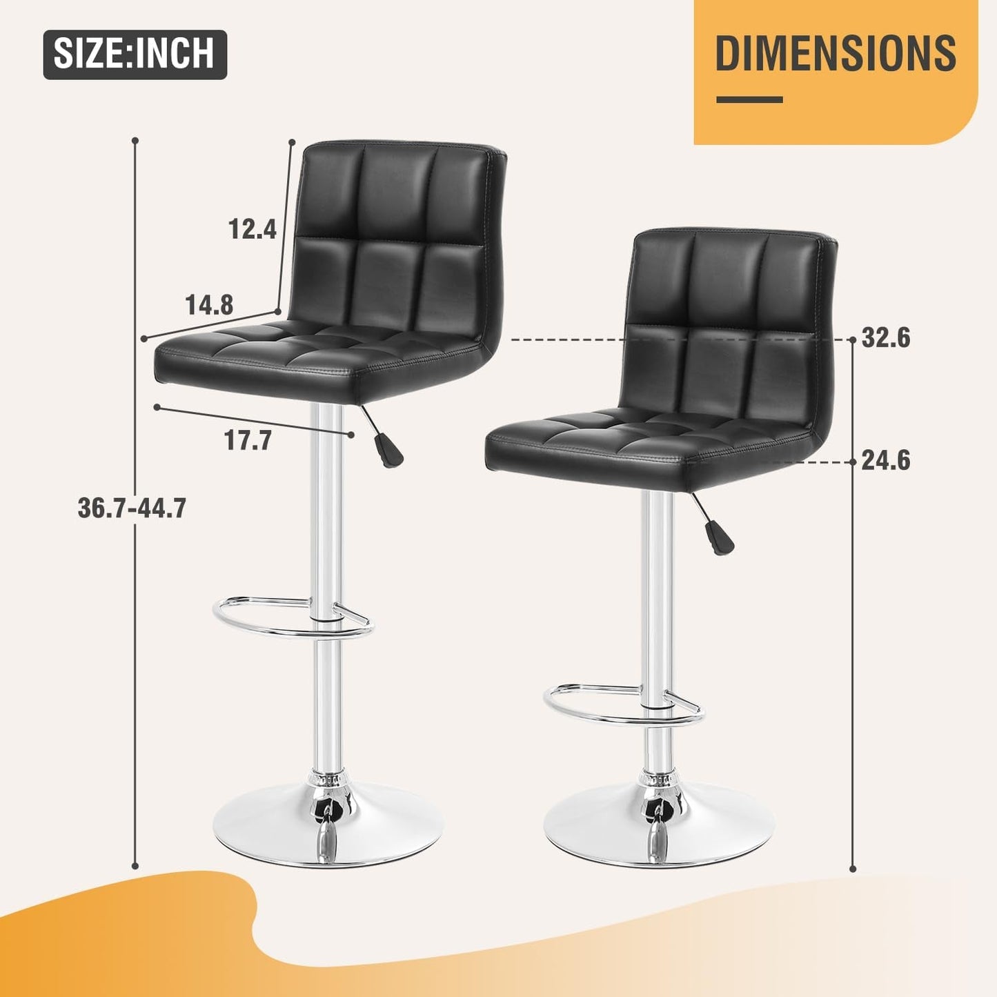 Counter Height Swivel Bar Stools PU Leather Padded with Back,Set of 2 Height Adjustable Counter Stool Barstools Dining Chair,Black-2