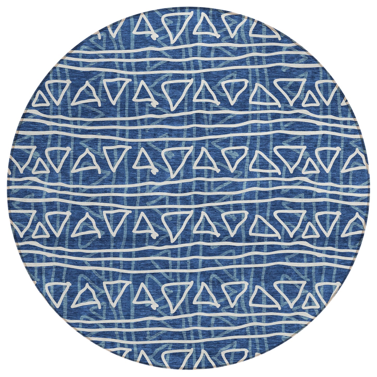 8' Navy Blue And Ivory Round Geometric Washable Indoor Outdoor Area Rug-1