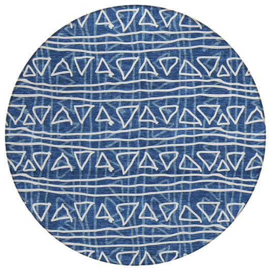 8' Navy Blue And Ivory Round Geometric Washable Indoor Outdoor Area Rug-1