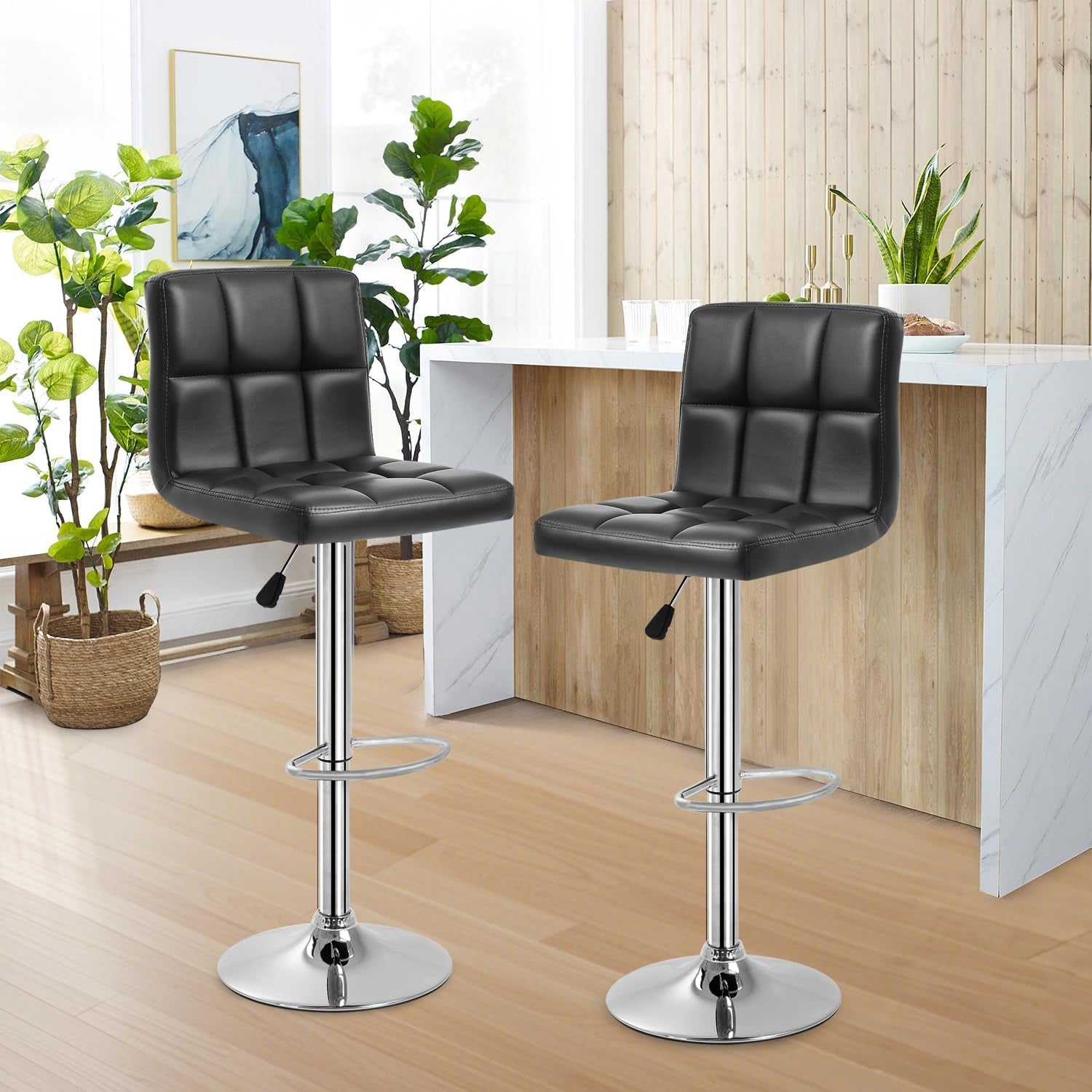 Counter Height Swivel Bar Stools PU Leather Padded with Back,Set of 2 Height Adjustable Counter Stool Barstools Dining Chair,Black-3